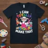 I Can Totally Make That phrase with a cartoon sheep holding scissors and a rocket on a navy t-shirt