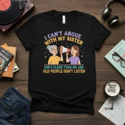 I can't argue with my sister she's older than me and old people don't listen quote on a black t-shirt