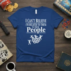 I Can't Believe I'm Related To These People funny quote t-shirt with stick figures in a circle graphic