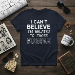 Navy t-shirt with white text "I CAN'T BELIEVE I'M RELATED TO THOSE PEOPLE" above cartoon figures