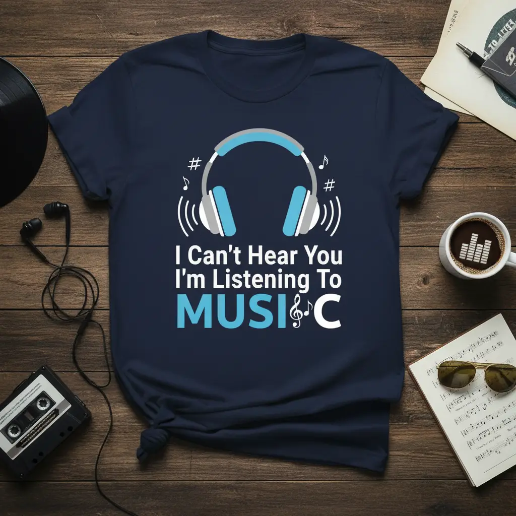 I Can't Hear You I'm Listening To MUSIC quote with headphones graphic on a navy blue t-shirt