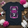 I Can't I Have Cheer Practice quote on a navy t-shirt with pink and white cheer graphics and a silhouette