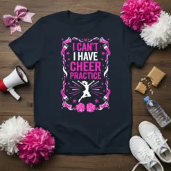 I Can't I Have Cheer Practice quote on a navy t-shirt with pink and white cheer graphics and a silhouette