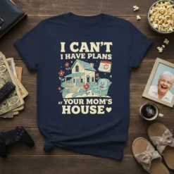 T-shirt with the text "I CAN'T I HAVE PLANS AT YOUR MOM'S HOUSE" and a charming illustration of a house