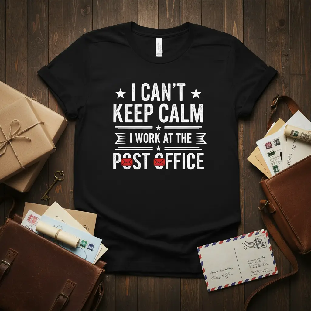 I CAN'T KEEP CALM I WORK AT THE POST OFFICE text with red envelope graphics on black shirt