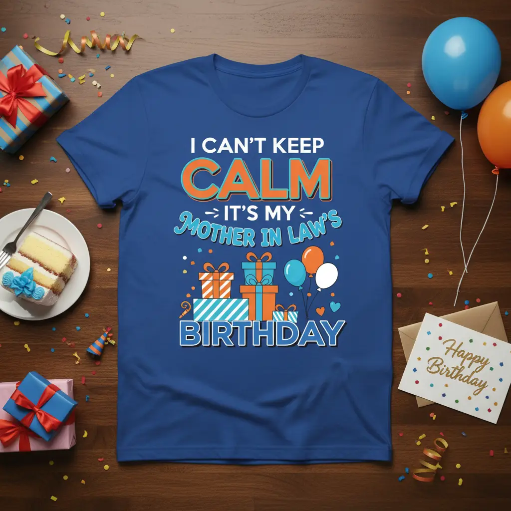 I CAN'T KEEP CALM IT'S MY MOTHER IN LAW'S BIRTHDAY quote with festive gift boxes and balloons graphic on blue tee