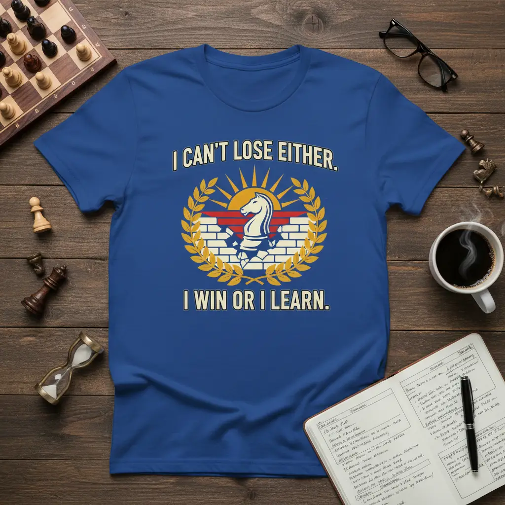 I Can't Lose Either. I Win Or I Learn. quote with chess knight graphic on blue tee