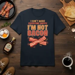 I Can't Make Everyone Happy I'm Not Bacon quote on a navy t-shirt with bacon graphic