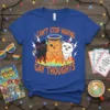 I Can't Stop Having Gay Thoughts quote with three cute cats on a blue t-shirt, surrounded by flames and rainbow