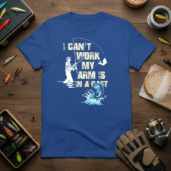 T-shirt with text "I Can't Work My Arm Is In A Cast" featuring a fisherman with a broken arm and