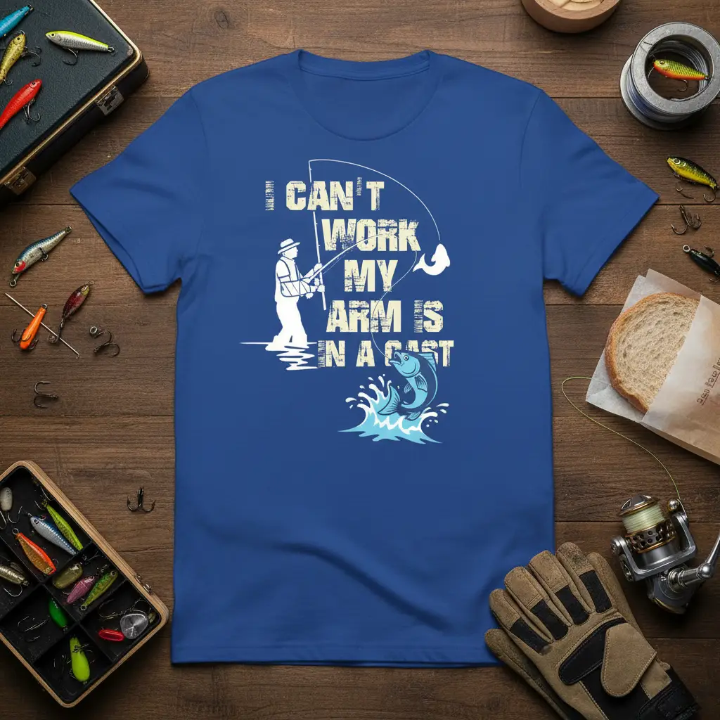 I CAN'T WORK MY ARM IS IN A CAST fishing humor quote with fisherman and jumping fish graphic