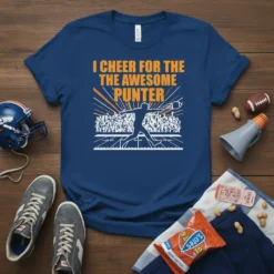 Navy blue t-shirt with orange text "I CHEER FOR THE THE AWESOME PUNTER" and a graphic of a football punter