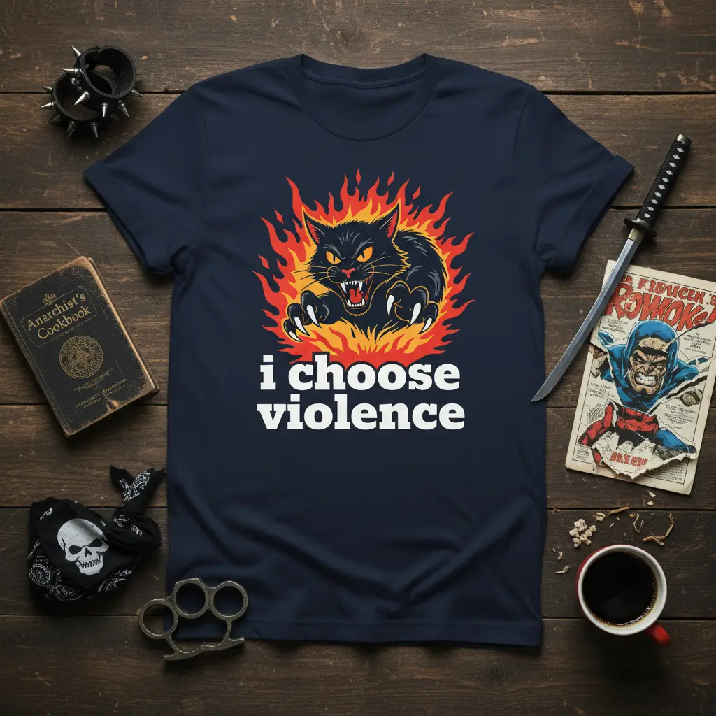 I choose violence phrase on a t-shirt with a black cat illustration surrounded by fire graphic