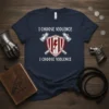 I CHOOSE VIOLENCE I CHOOSE VIOLENCE text on a navy t-shirt with a red shield and crossed hammers graphic