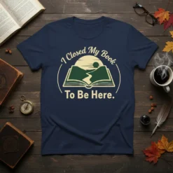 I Closed My Book To Be Here quote t-shirt design with an open book and mountain landscape graphic