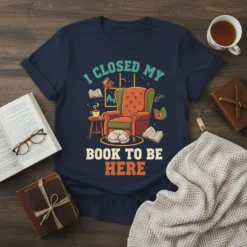 I Closed My Book To Be Here t-shirt design with armchair, sleeping cat, books, and coffee cup