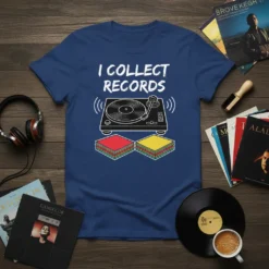 I Collect Records t-shirt with a black and white graphic of a turntable and stacks of colorful vinyl records