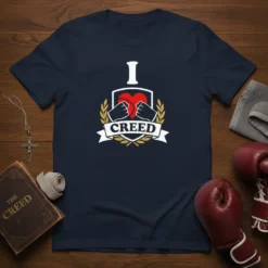 Navy blue t-shirt featuring "I CREED" design with boxing gloves, heart, and laurel wreath graphic