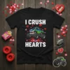 I Crush Hearts text with a green and blue monster truck graphic, surrounded by pink and red hearts