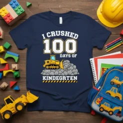 I Crushed 100 Days of Kindergarten t-shirt design with a yellow bulldozer pushing rocks