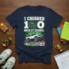I Crushed 100 Days Of School t-shirt design with a monster truck, dinosaur, and books