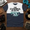 I Dance Cumbia And I Know Things quote on a t-shirt with dancing couple graphic and mountain/soundwave background