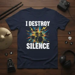 I DESTROY SILENCE text with a stylized drum kit graphic and colorful burst on a navy blue t-shirt