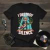I DESTROY SILENCE t-shirt with a cool fox playing guitar, wearing sunglasses and a leather jacket. Features musical notes and