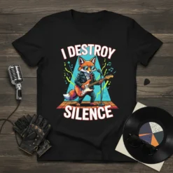 I DESTROY SILENCE t-shirt with a cool fox playing guitar, wearing sunglasses and a leather jacket. Features musical notes and