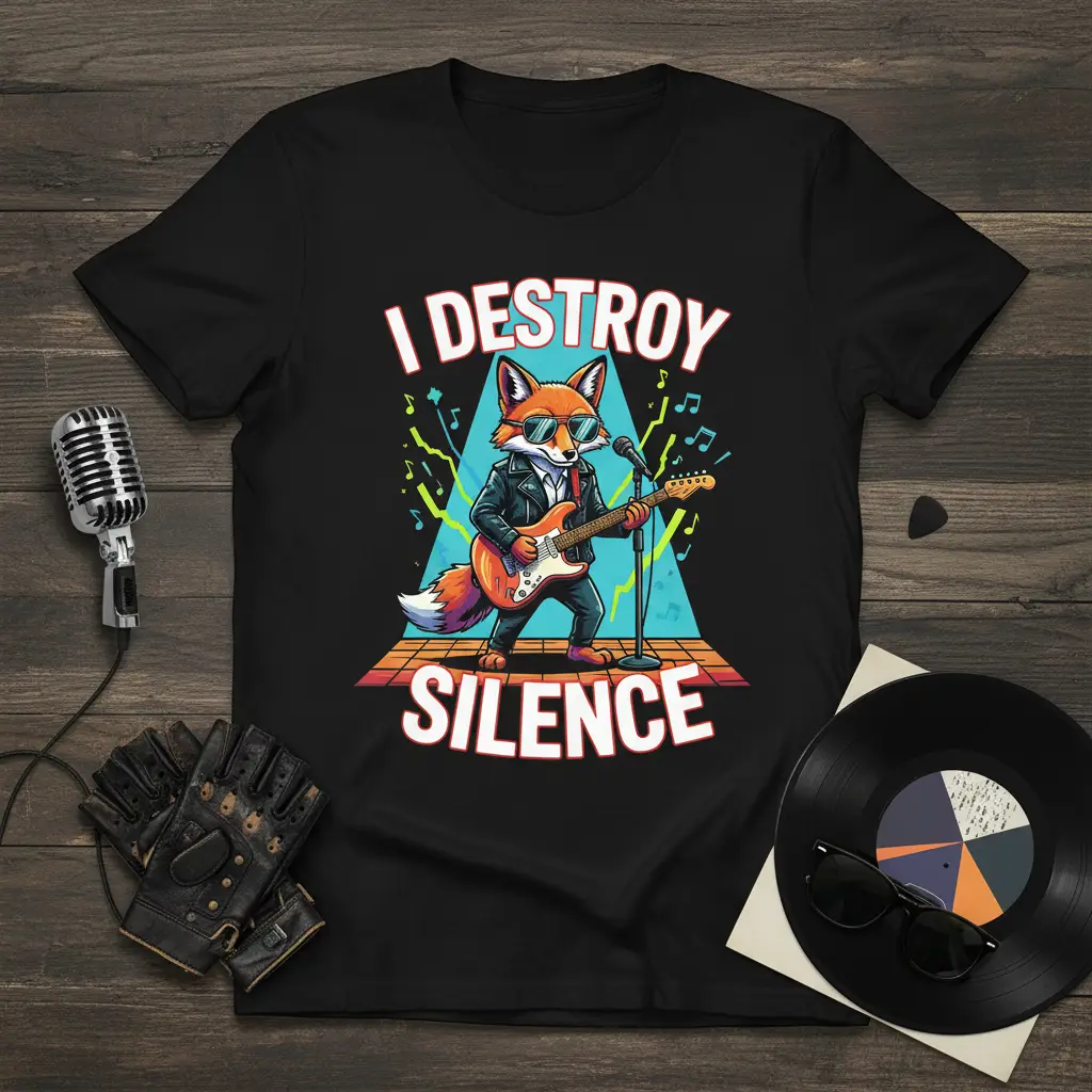 I Destroy Silence Fox Rockstar T-Shirt Funny Music Gift