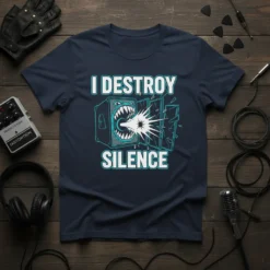 I Destroy Silence t-shirt design featuring a monster speaker breaking glass with sound waves, bold white and teal text