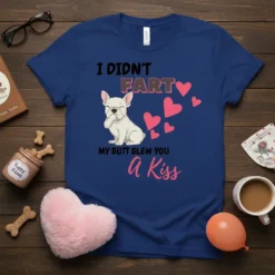 I DIDN'T FART MY BUTT BLEW YOU a Kiss French Bulldog T-Shirt with pink hearts and playful text