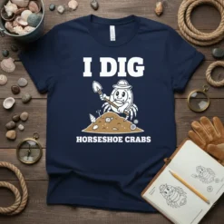 I Dig Horseshoe Crabs T-Shirt with a cartoon horseshoe crab digging in sand, holding a shovel