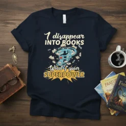 T-shirt with the quote "I disappear INTO BOOKS What's your SUPERPOWER" featuring a tornado of books and a silhouette reading