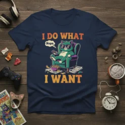 Navy t-shirt with "I DO WHAT I WANT Nope." text and a green cat lounging in a chair, holding a
