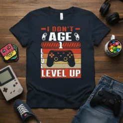 I DON'T AGE 1 LEVEL UP text with video game controller and progress bar graphic on a navy t-shirt