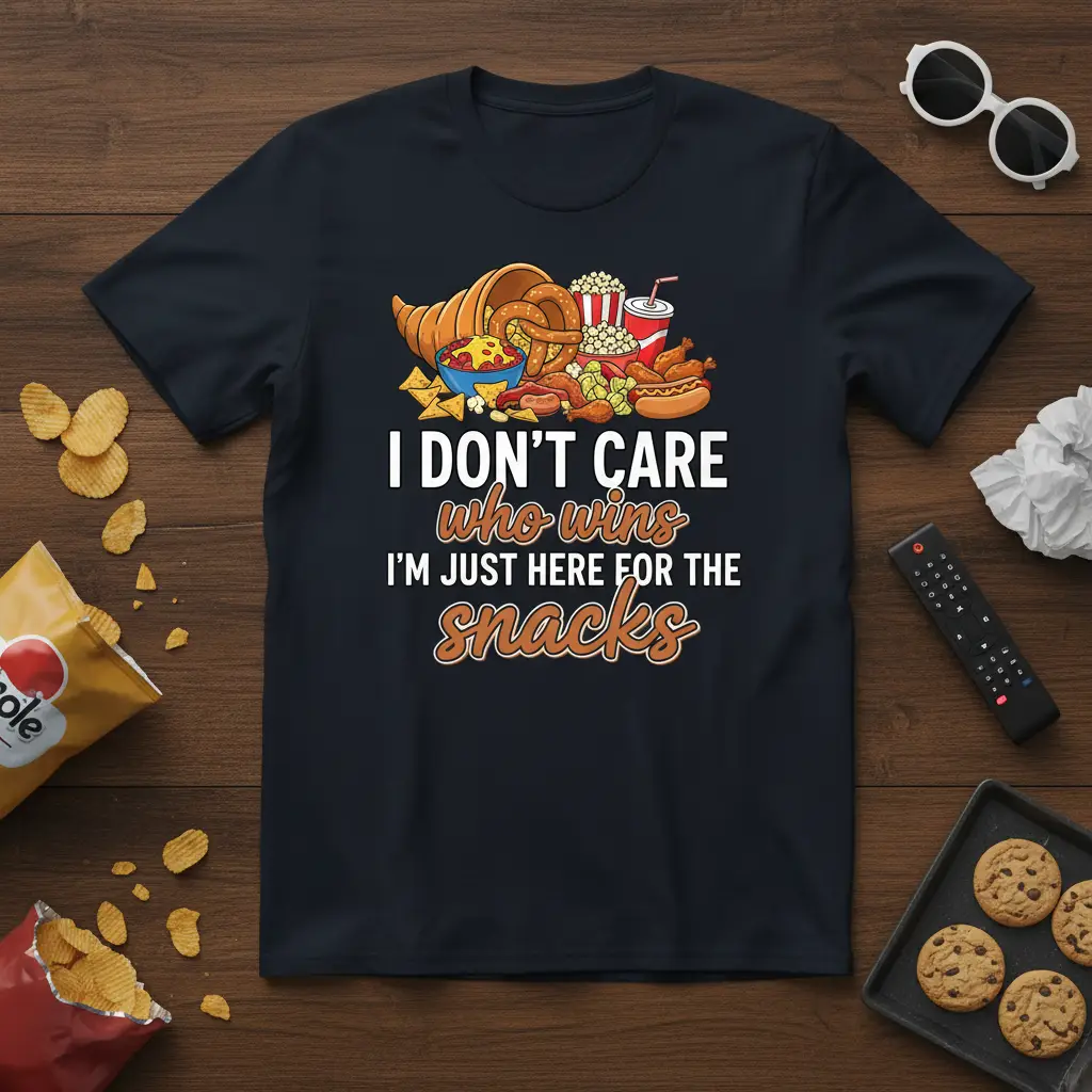I DON'T CARE who wins I'M JUST HERE FOR THE snacks quote with a colorful snack illustration on a dark t-shirt