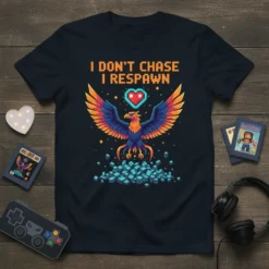 I DON'T CHASE I RESPAWN pixel art t-shirt with a colorful phoenix and heart graphic