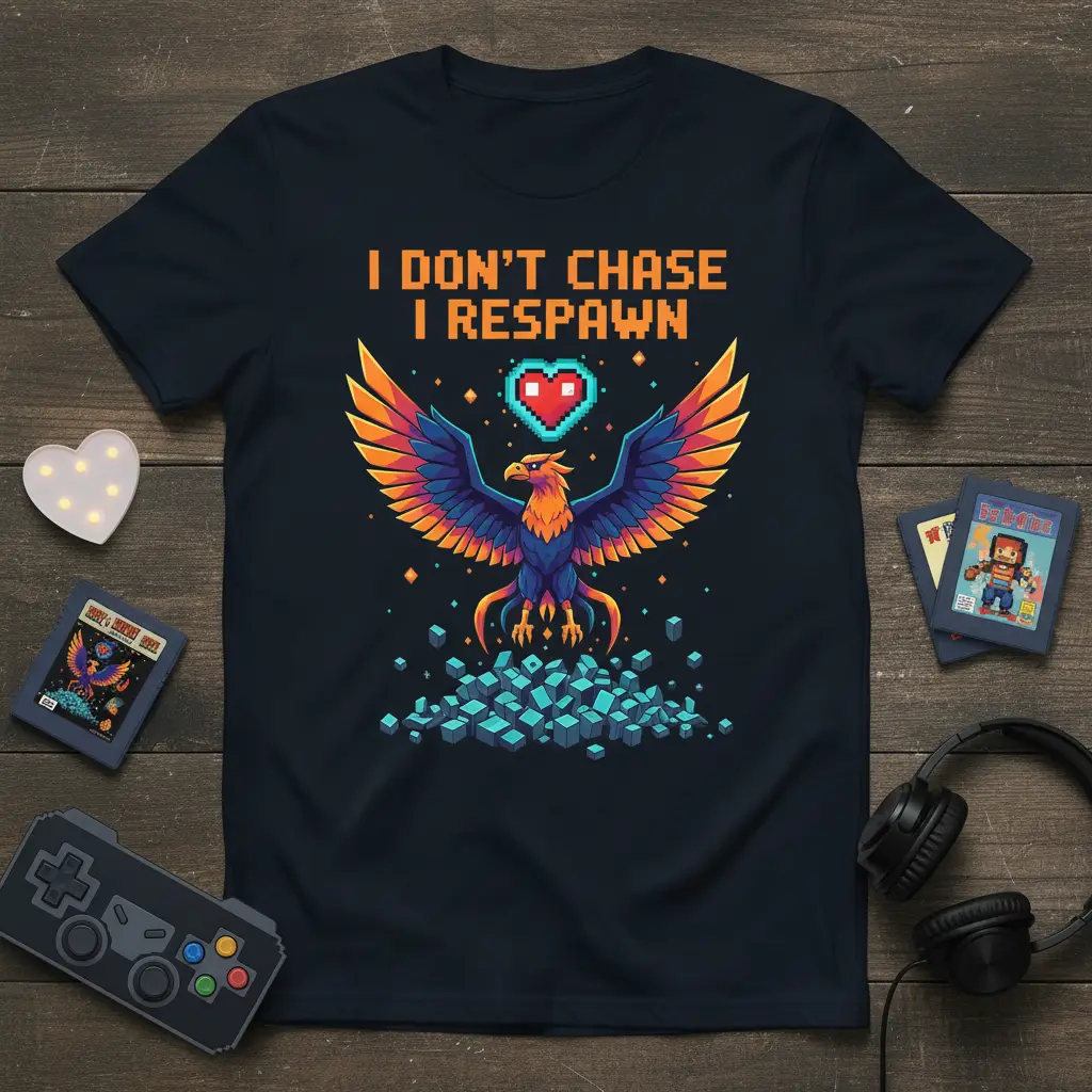 I DON'T CHASE I RESPAWN gamer quote t-shirt with pixel art phoenix graphic