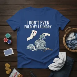 I DON'T EVEN FOLD MY LAUNDRY text with a funny graphic of a person playing cards while laundry spills from