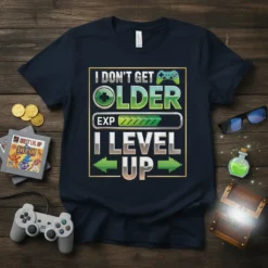 I Don't Get Older I Level Up gamer t-shirt design with retro video game graphics and experience bar