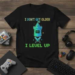 I Don't Get Older I Level Up gamer t-shirt with a castle graphic and pixelated text