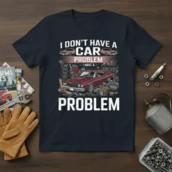 I Don't Have A Car Problem I Have A Problem T-Shirt featuring a vintage car, tools, and spare parts graphic