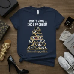 Navy t-shirt with white text "I DON'T HAVE A SHOE PROBLEM" above a tiered shelf graphic overflowing with various high