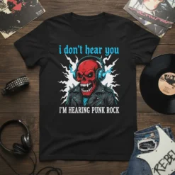 Black t-shirt with blue text "i don't hear you" above a red skull wearing headphones and a leather jacket, with