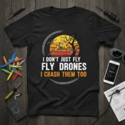 Black t-shirt with "I Don't Just Fly Fly Drones I Crash Them Too" text and a graphic of a drone