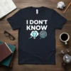 I Don't Know funny quote t-shirt with lightbulb and target graphic, navy blue