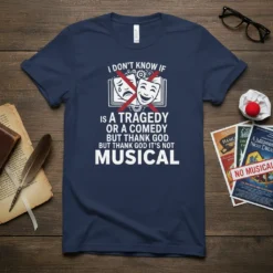 T-shirt with "I Don't Know If It's A Tragedy Or A Comedy But Thank God It's Not Musical" quote and