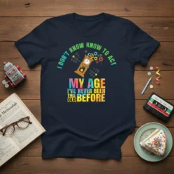 I DON'T KNOW KNOW TO ACT MY AGE I'VE NEVER BEEN THIS OLD BEFORE text with vintage grandfather clock graphic