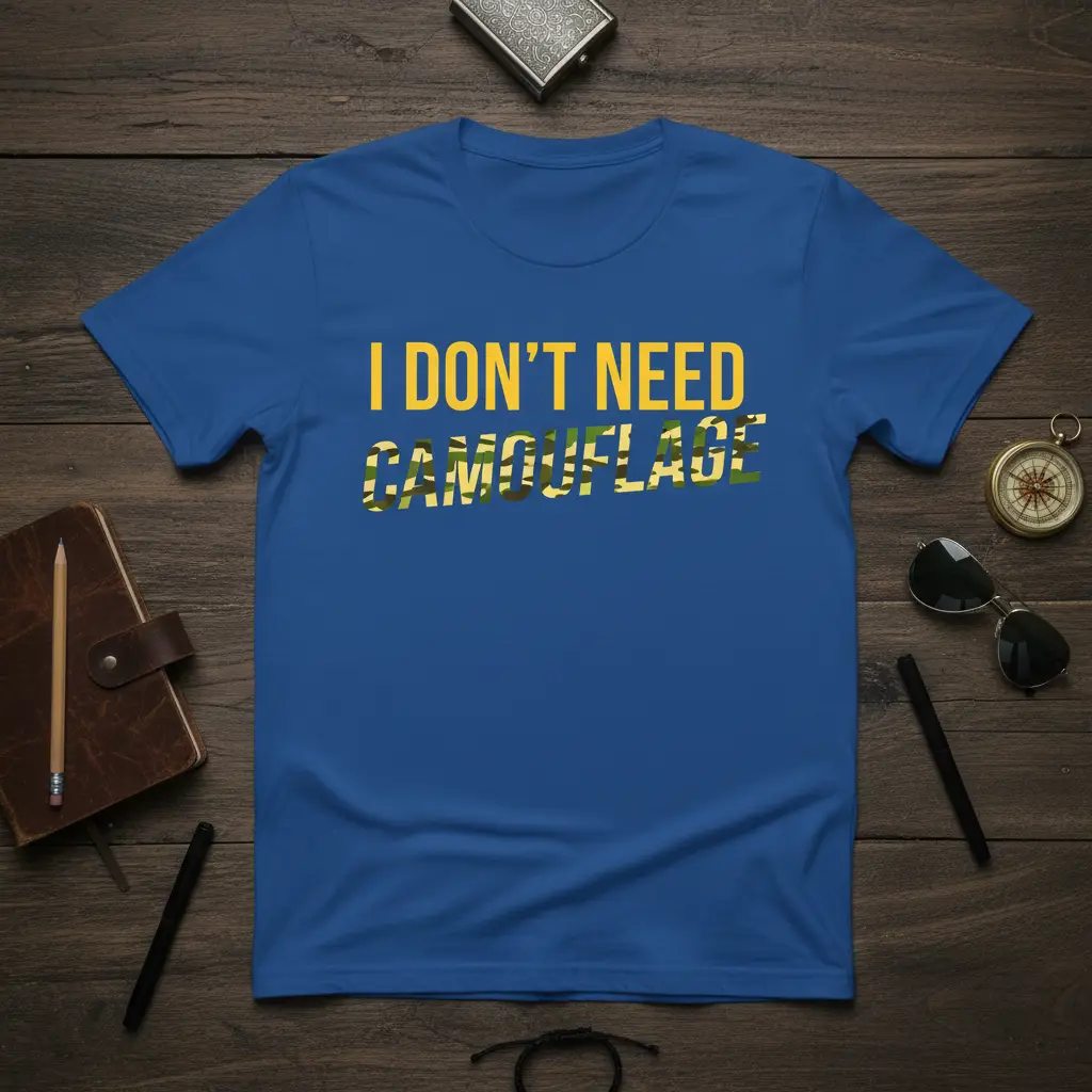 I DON'T NEED CAMOUFLAGE text design with bold yellow lettering and camouflage fill